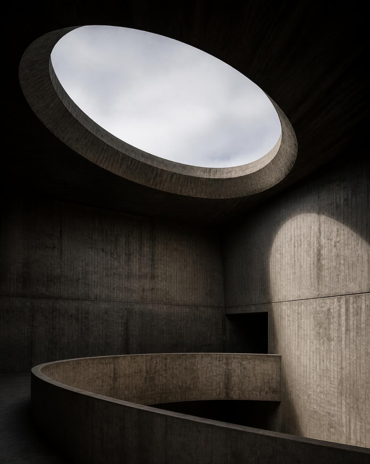 Brutalist concrete interior lit by a large circular skylight