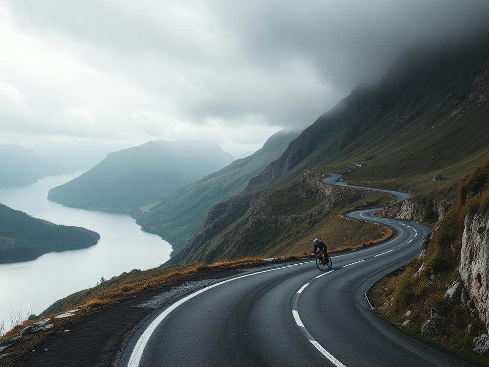 Cyclist on an alpine road above a lake