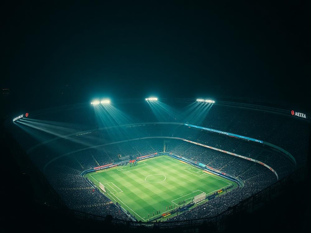 Packed floodlit football stadium at night seen from above