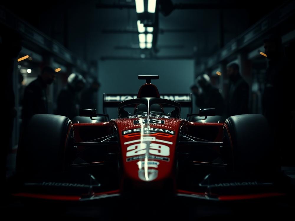 Race car close-up in a dim pit lane