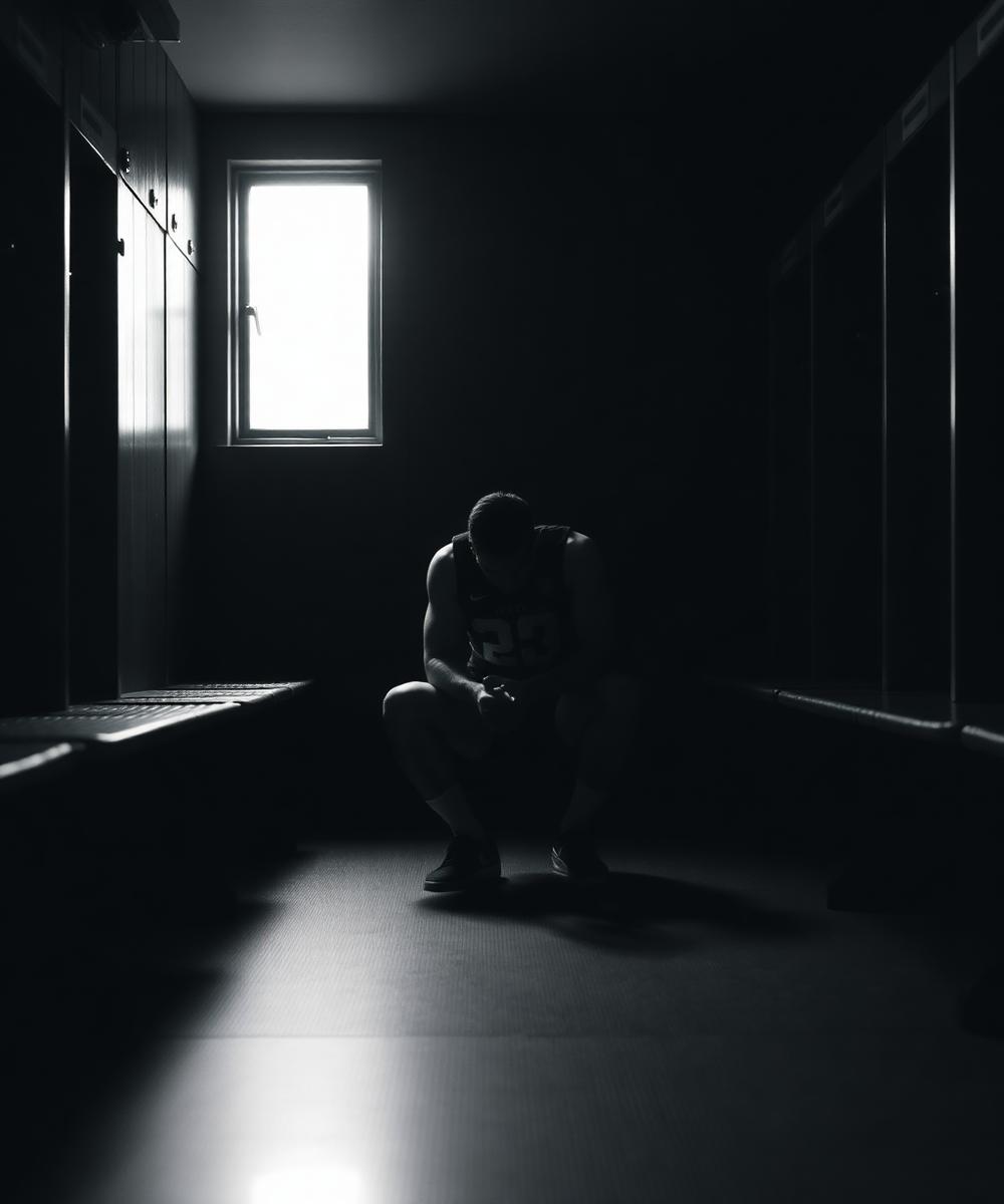 Athlete sitting alone in a dim locker room, head down and focused