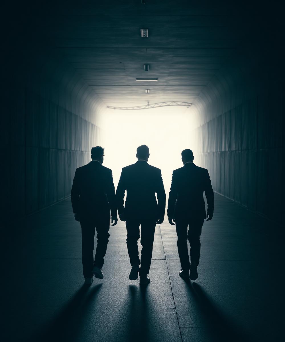Three suited figures walking down a concrete stadium tunnel toward the pitch